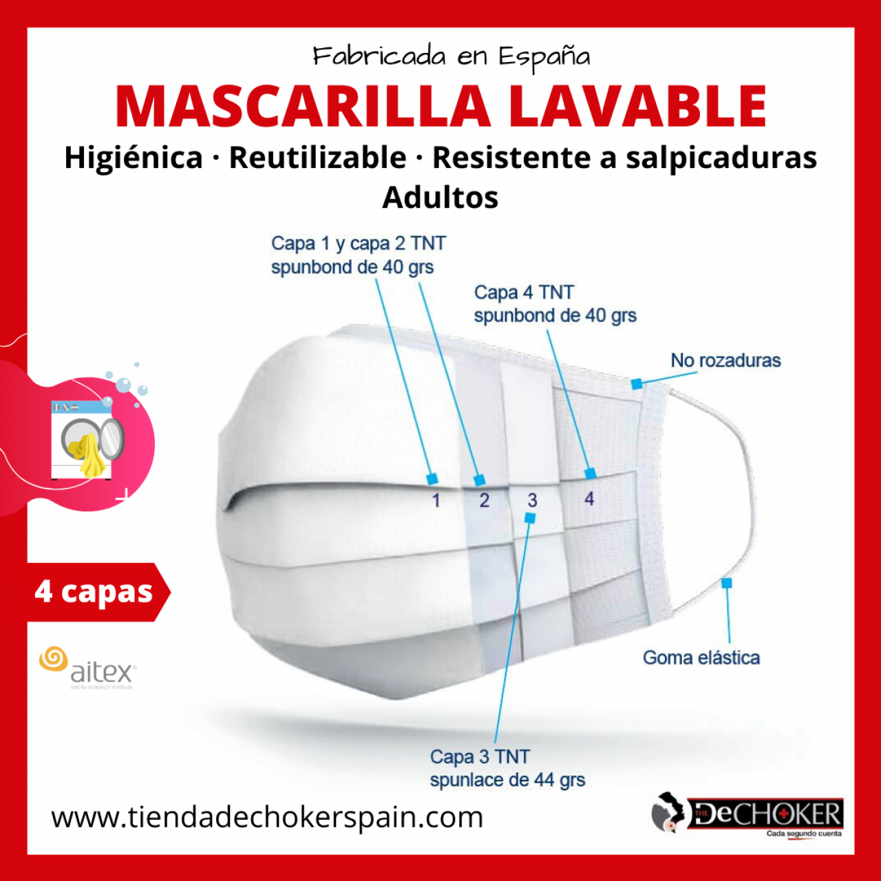 Mascarilla higiénica lavable reutilizable - adulto - 4 capas