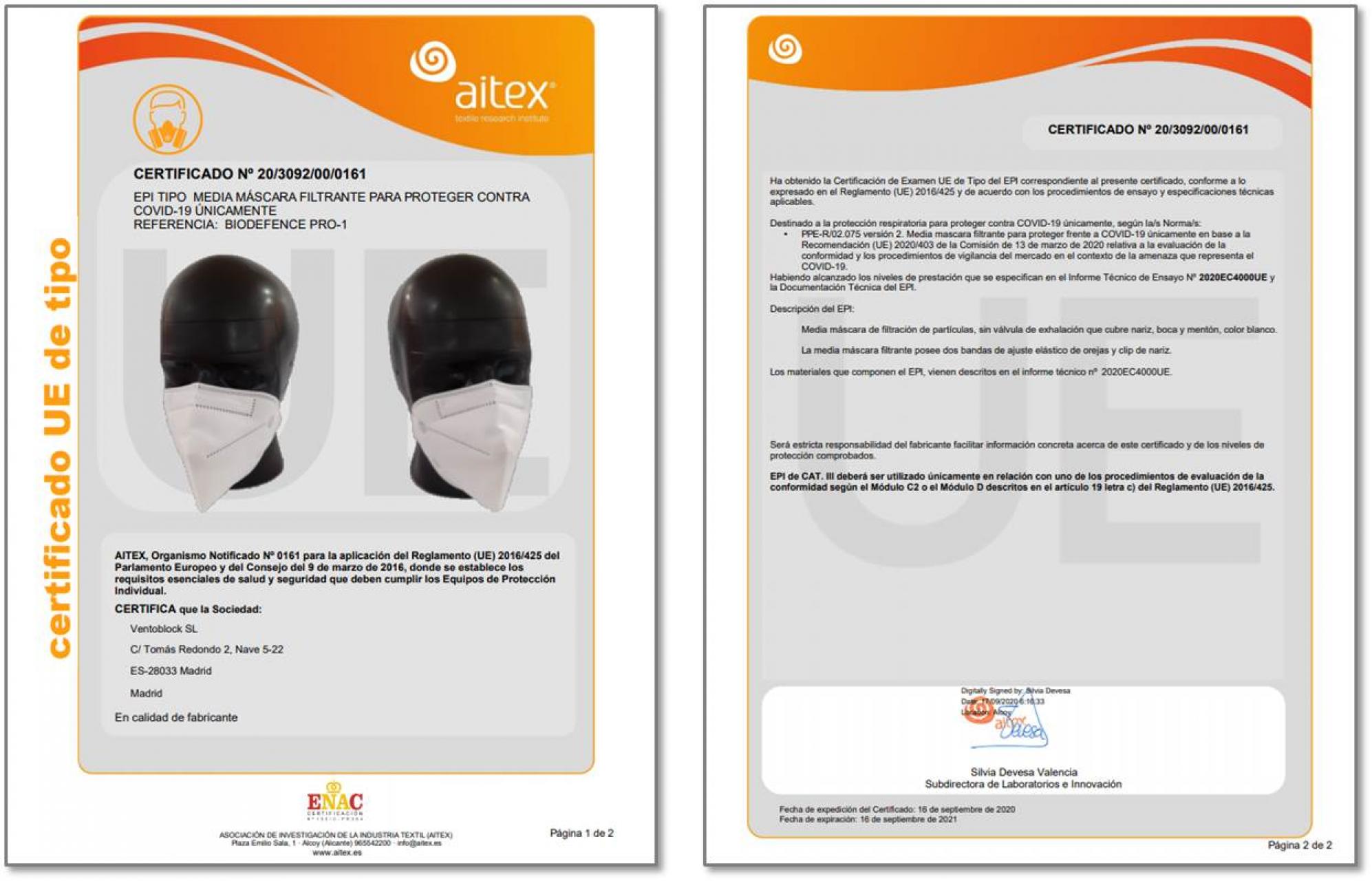 Masacarilla FFP2 Biodefence - Fabricada en España y Homologada en la UE por AITEX (CE 0161)
